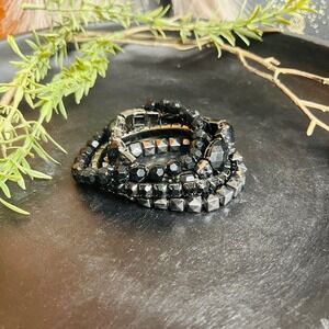 Black Beaded Bracelet Set (4 Pc) | Gothic Glam Stack | Faceted Jet Beads + Studs